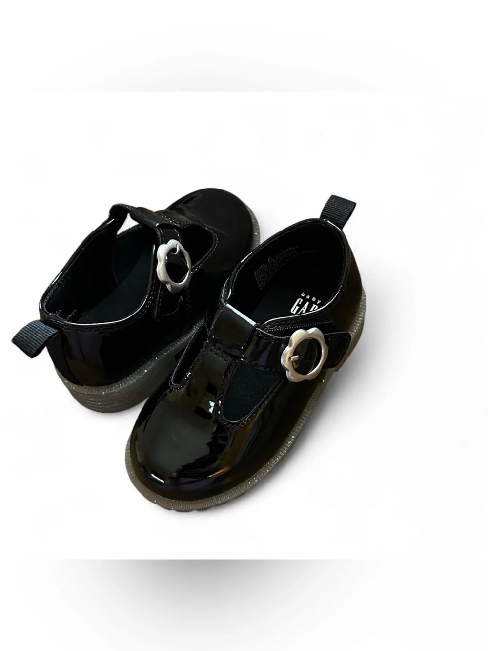 GAP Black Patent T-Strap Mary Jane Shoes with Flower Buckle